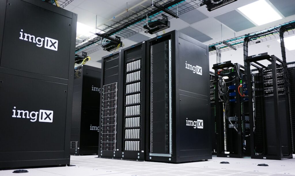 A data center room with secure server racks.