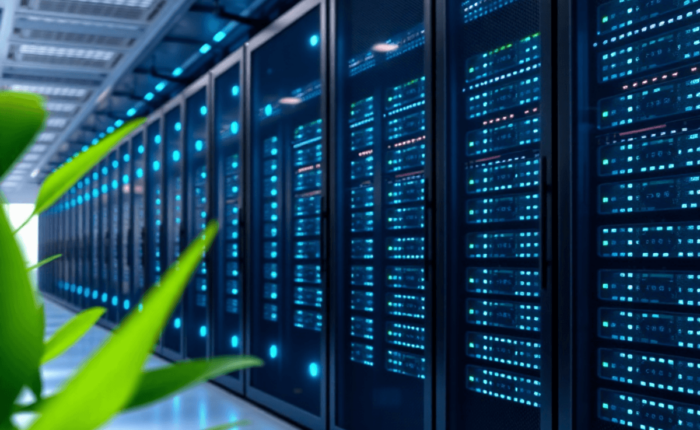 A modern data center with rows of servers bathed in soft blue light, featuring green leaves and solar panels in the foreground, symbolizing tech and sustainability.