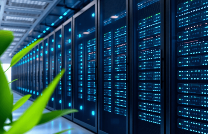 A modern data center with rows of servers bathed in soft blue light, featuring green leaves and solar panels in the foreground, symbolizing tech and sustainability.